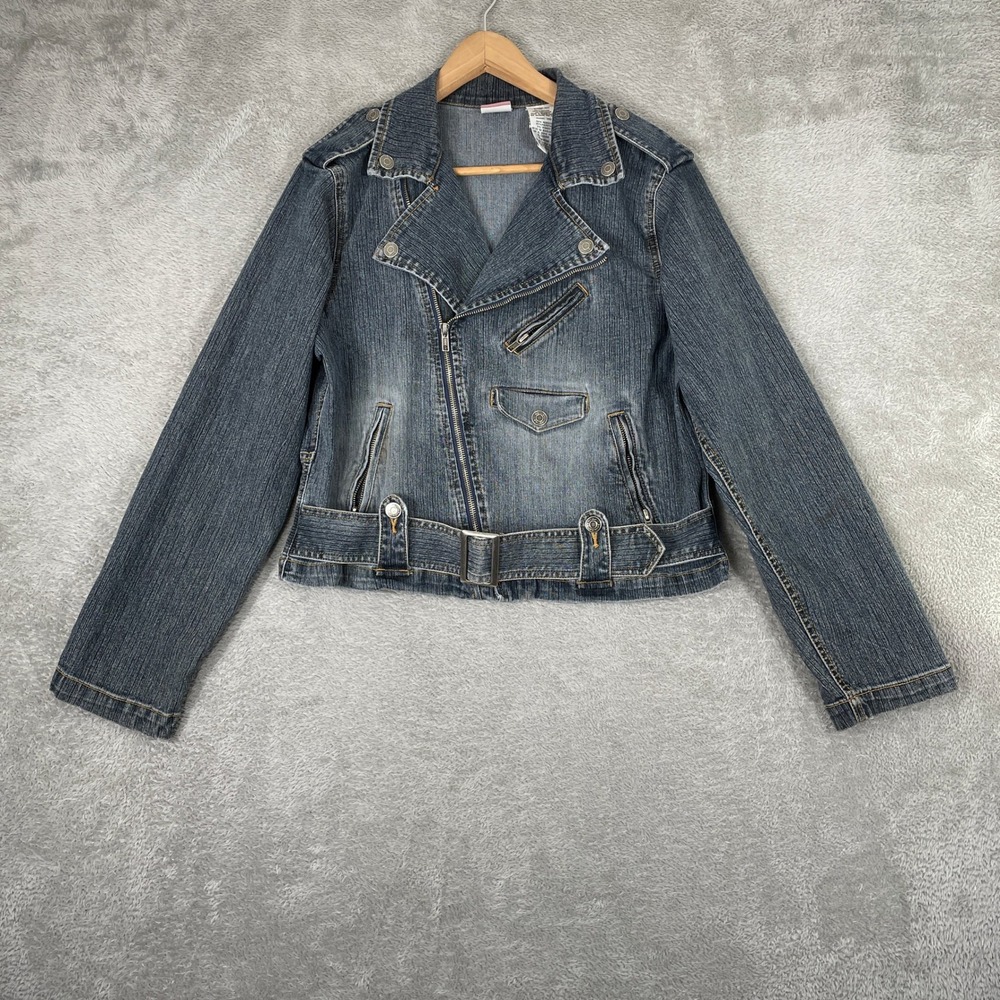 No Boundaries Denim Moto Jacket Womens XL Blue Y2K Belted Biker Stretch Grunge